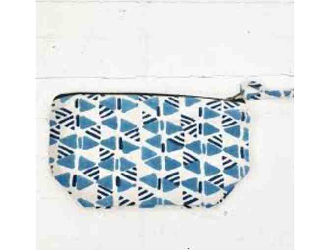 Blue Triangle Block Print Large Zipper Pouch Cosmetic Bag Jewelry Bag - Photo 1