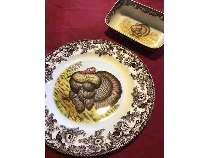 12- Spode Woodland Turkey Round Platter and Cranberry Dish and Thanksgiving kitchen towel - Photo 1