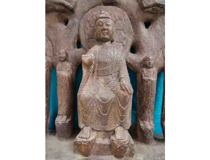 Chinese Limestone Relief of Maitreya Buddha with Four Attendants
