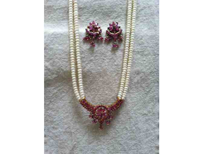 Indian Pearl and Ruby Necklace and Earring Set