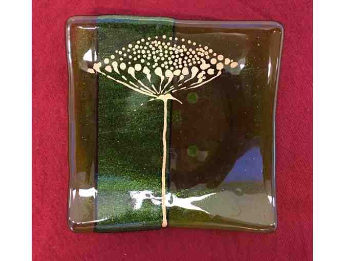 Green Glass Art Plate with Dandelion