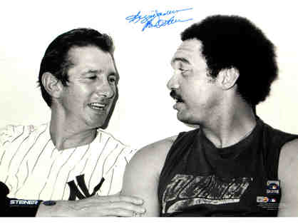 REGGIE JACKSON SIGNED SITTING WITH BILLY MARTIN 16X20 PHOTO W/ "MR. OCTOBER" AUTOGRAPH