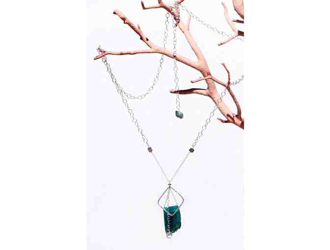 Mindful Square Long Silver Necklace (Blue Agate)