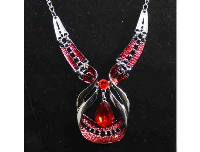 RED CRYSTAL WAVE DROPLET STATEMENT NECKLACE & TEARDROP EARRINGS - Photo 2