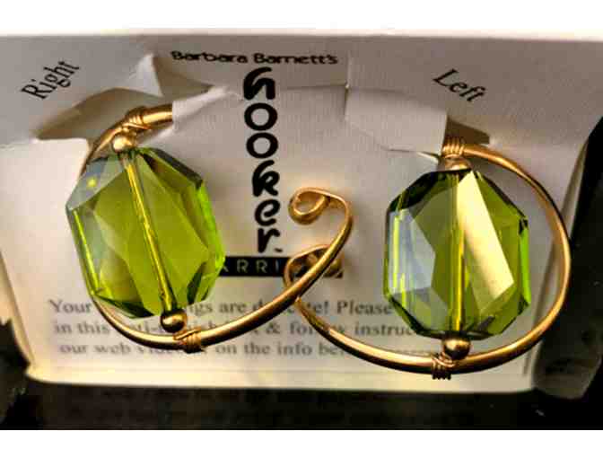 Barbara Barnett HOOKer EARRINGS 14K Gold-Filled Hoops with Green glass accent