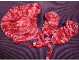 Hand-Knitted Baby Hat and Matching Booties (Pink/Red)
