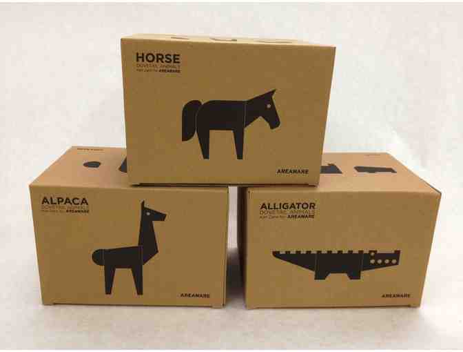 (3) Pairs of Dovetail Wooden Animals from AREAWARE - Horses, Alpacas, and Alligators