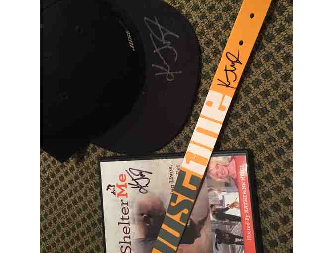 Shelter Me DVD, signed dog collar by Katherine Heigl and signed JustOne hat by Katherine Heigl