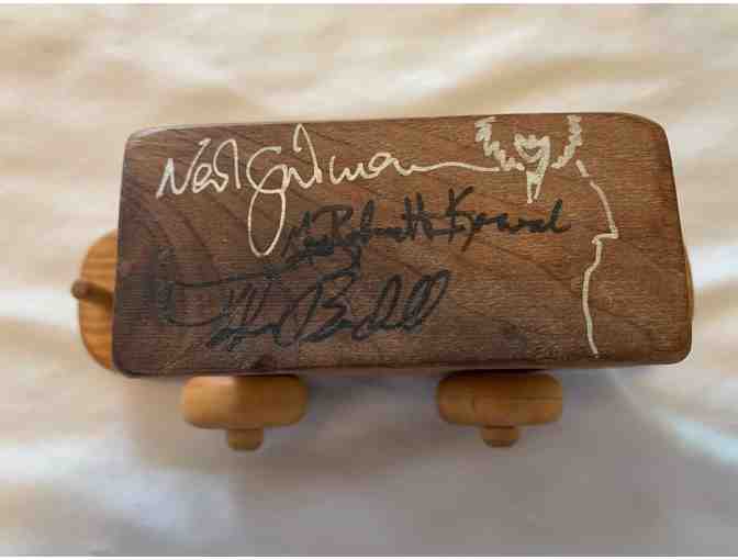 Wooden train autographed by 23 authors (including Neil Gaiman and Connie Willis)