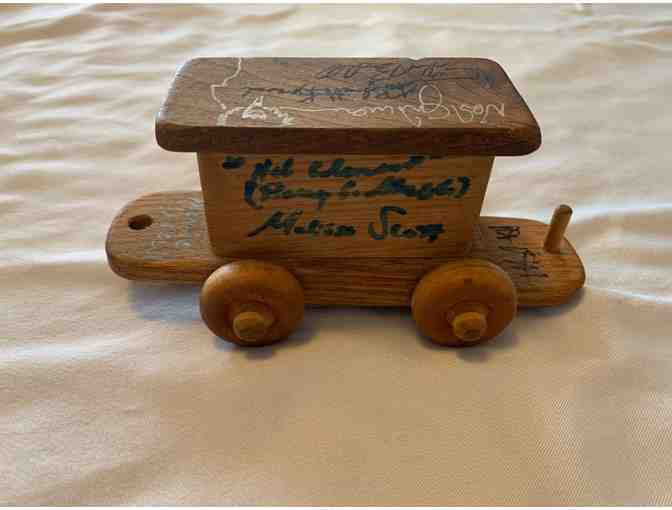 Wooden train autographed by 23 authors (including Neil Gaiman and Connie Willis)
