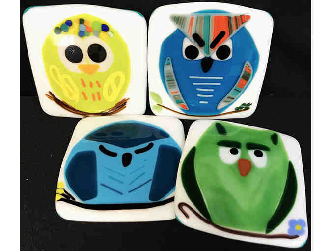Fused Glass Owl Plate & Coasters