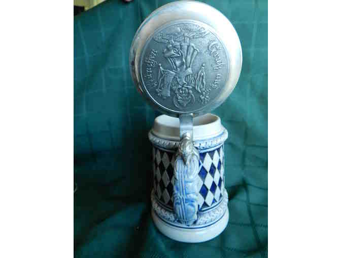 Checkered Blue and Stone Colored Lidded Stein