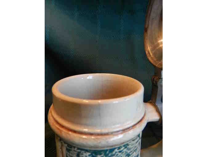 Biege Beer Stein Lidded with Blue & Green Forest Scene