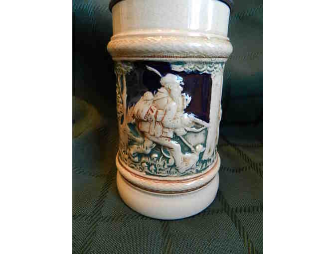 Biege Beer Stein Lidded with Blue & Green Forest Scene