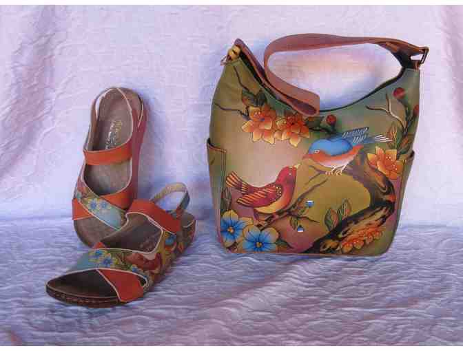 Anuschka Two for Joy Hand-Painted Leather Hobo Bag and Sandals Size 6