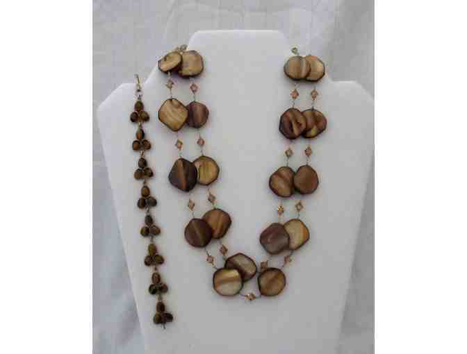 Brown Shells & Crystal Beads Double String Necklace with Tiger Eye Bracelet