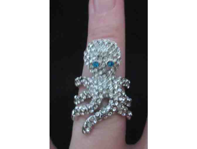Faux Diamond Octopus Ring with Blue Stone Eyes - Size 8