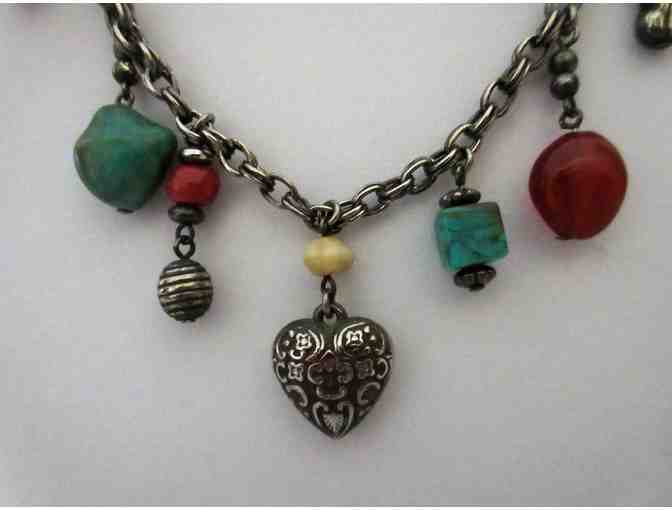 Pewter Color Necklace with Colorful Stones and Charms