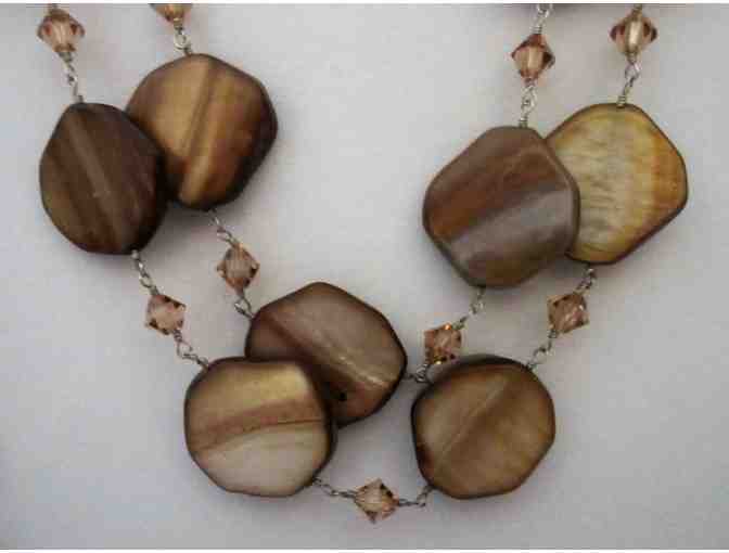 Brown Shells & Crystal Beads Double String Necklace with Tiger Eye Bracelet