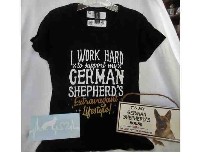 'I Work Hard...,' Black Small Ladies Tee,  Vehicle WIndow Decal, GSD Pin and Sign