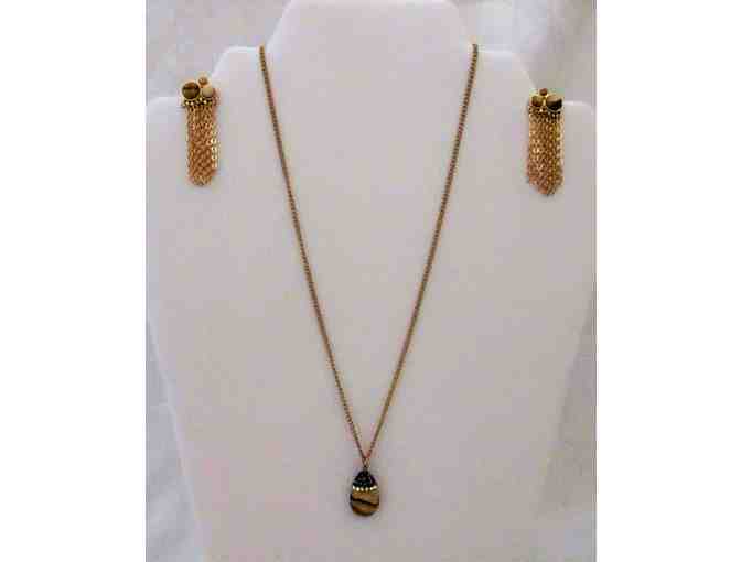 Gold Tone Stone Necklace and Stellar Fringe Earrings