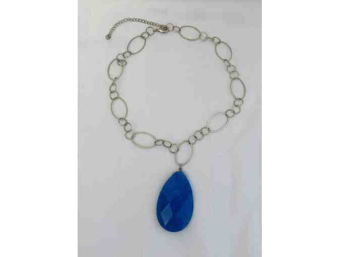 Blue Stone Pendant on Silvertone Necklace