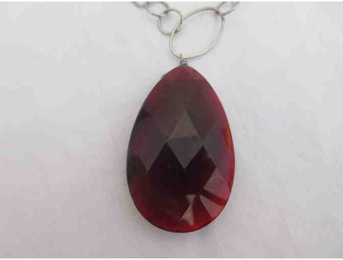 Burgundy Stone Pendant and Earrings on Silvertone Necklace