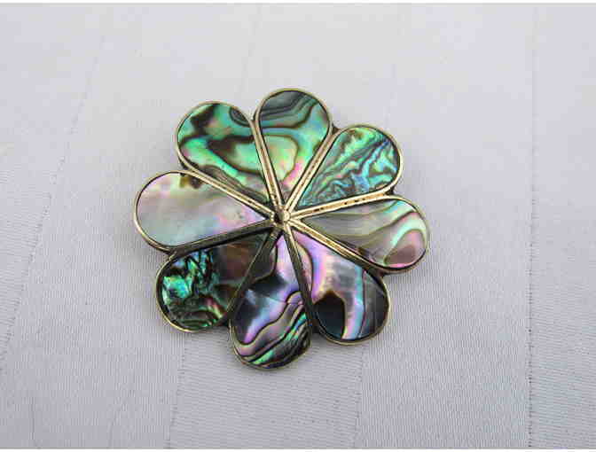Silver Plated Abalone Shell Inlay Flower Pin Brooch - Photo 1