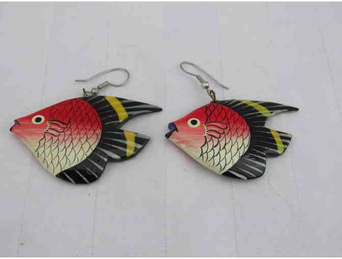 Wooden Tropical Fish Earrings - Red