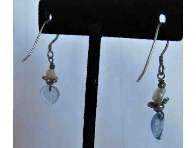 Blue Heart with Fresh Water Pearl Drop Earrings