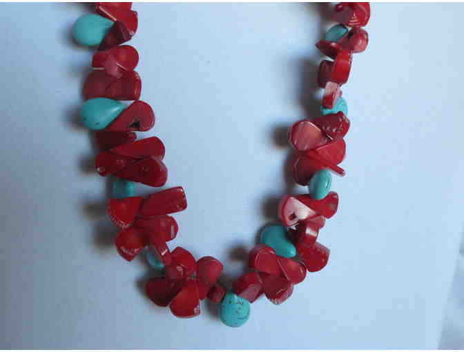 Red Coral and Turquoise Glass Bead Necklace