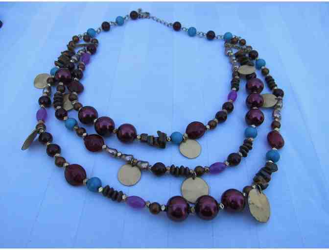 Triple Strand Necklace in Purple Tones Accented in Turquoise and Gold