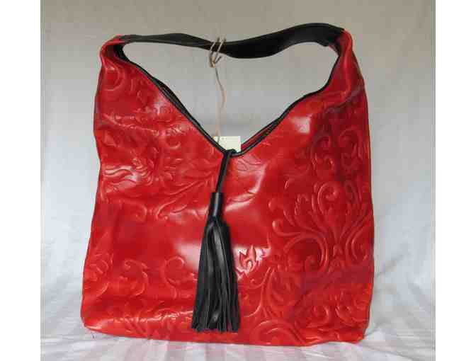 Red Damask-Embossed Tassel-Detail Leather Hobo