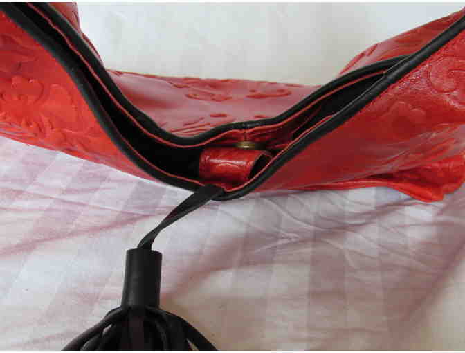 Red Damask-Embossed Tassel-Detail Leather Hobo