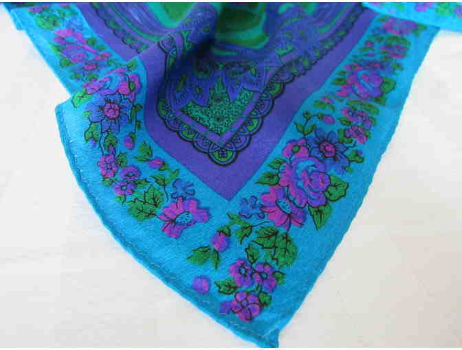 Blue, Purple and Pink Flowers on a Purple Scarf