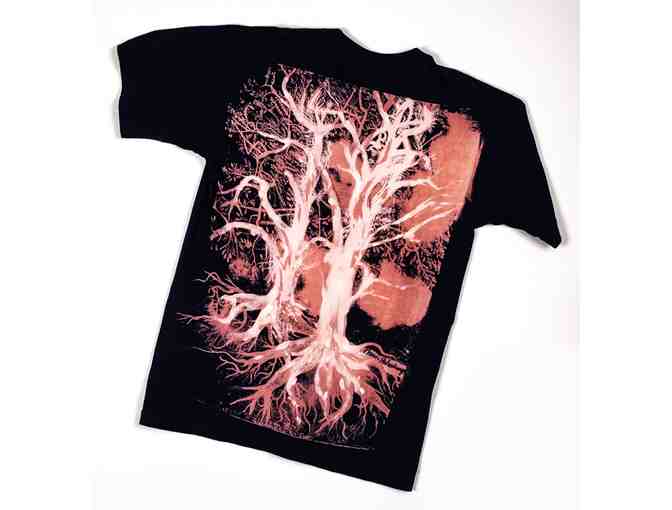 Wearable Art: Black T-shirt with 2 Starlings on Front, Trees on Back