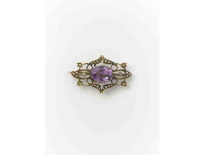 14k Gold Filigree Brooch with Amethyst and Seed Pearls