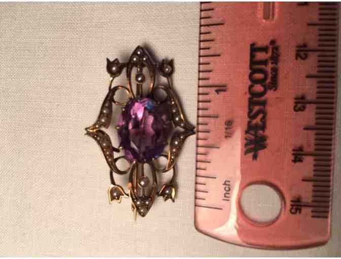 14k Gold Filigree Brooch with Amethyst and Seed Pearls