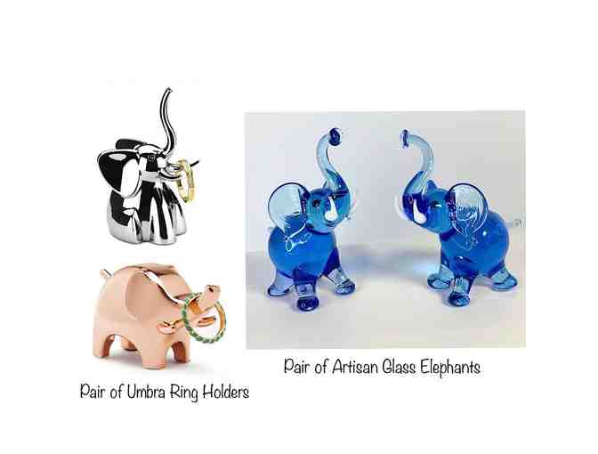 2 Umbra Decorative Ellie Figurines and Ring Holders and 2 Artisan Glass Ellies