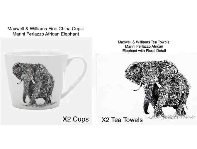 2 Mugs and 2 Tea Towels with Elephant Art (funds conservation)