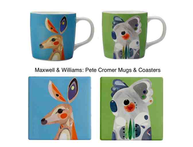 2 Mugs and 2 Ceramic Coasters with Pete Cromer Art