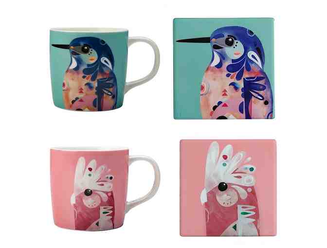 2 Mugs and 2 Ceramic Coasters with Art by Pete Cromer