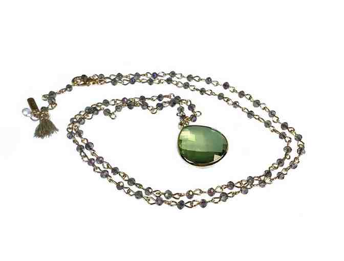 Beautiful Long Necklace with Green Glass Pendant and Rosary Style Chain