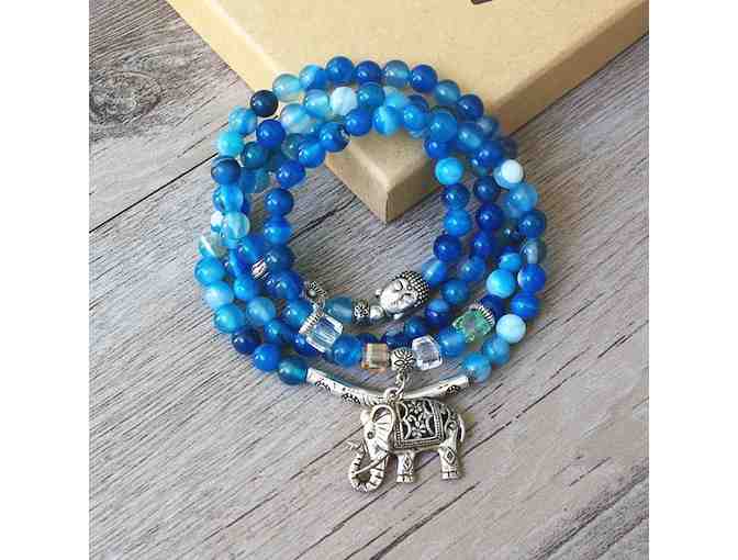 Blue Agate Stretch Wraparound Bracelet or Necklace with Elephant Charm