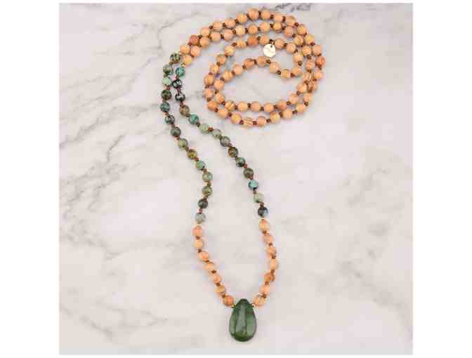 African Turquoise, Jade and Sandalwood Long MALA Necklace