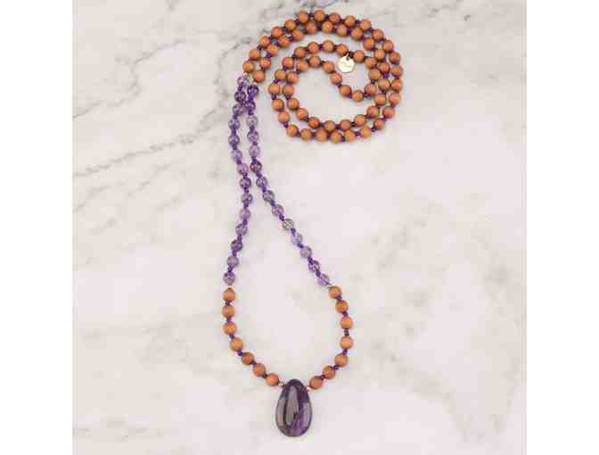 AMETHYST and ROSEWOOD Long Mala Necklace with Focal Bead