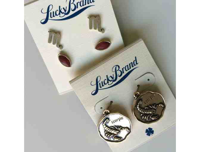 Lucky Brand - Gold Tone Zodiac SCORPIO Drop Earrings + Gold tone Stud Earring Duo Set