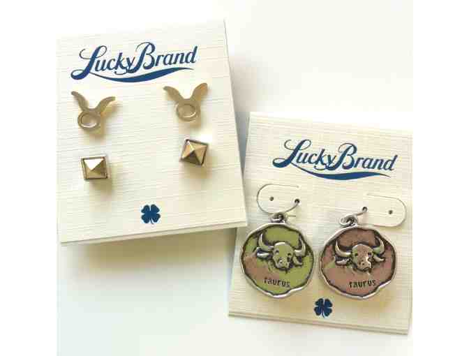 Lucky Brand - Silver Tone Zodiac TAURUS Drop Earrings + Gold tone Stud Earring Duo Set