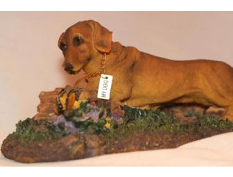 Red Dachshund with Butterfly In Woods Resin Figurine
