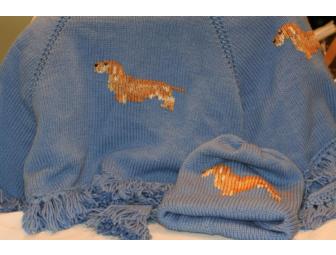 Hand Knit Blue Dachshund Shawl and Matching Hat